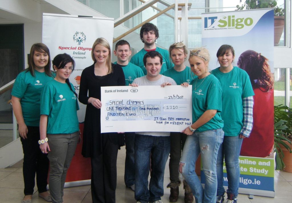 IT Sligo Students who raised much needed funds for Special Olympics Connaught.  (L-R) Back Row: Michelle Flynn, Cathal O'Fearraigh, Paddy Concannon, Ciara Mc Partland and Shauna O'Sullivan. (L-R) Front Row: Mariosa Fearragher, Lydia Rodgers (Special Olympics Connaught), Shane McLoone, Emma Egan