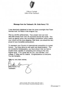 Congratulation Letter from the Taoiseach