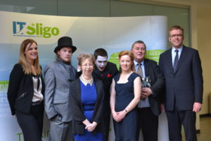 ‘Dracula’ creeps up on Ann Higgins, Head of the Department of Marketing, Tourism and Sport of Tourism, and her lecturer colleague Joanna Sweeney. Pictured also areTourism student Michelle Henry, 'Bram Stoker', author Dennis McIntyre and Paul Keyes, CEO, Sligo Chamber of Commerce.